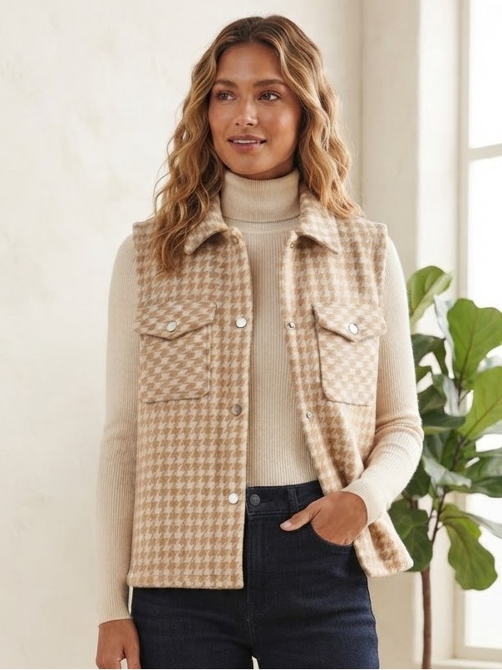 C by One Camel & White Houndstooth Button-Up Vest Size M (Extra Button Included)
